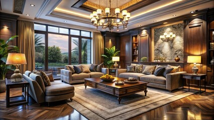Fototapeta premium Experience the allure of a beautifully designed villa living room in this captivating low-light 3D render, offering exquisite decor inspiration for elegance and style.