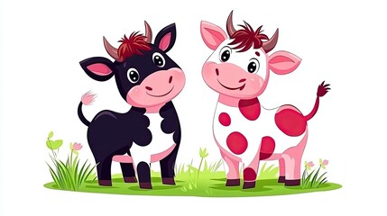 Obraz premium Two cute cartoon cows standing in a vibrant green field with flowers around them, isolated on white background