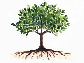 Fototapeta premium Minimalist Watercolor Painting of a Tree with Deep Roots and Soft Green Leaves Representing Stability and Harmony Isolated on a Clean White Background