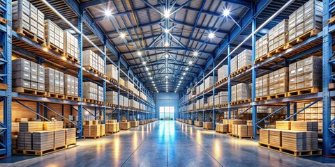 Fototapeta premium Maximize operational efficiency with an organized logistics warehouse, utilizing pallets and shelves to streamline processes and improve productivity for effective inventory management.