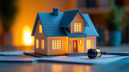 Miniature house with gavel on legal documents.