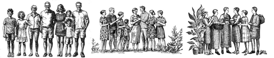 Fototapeta premium Illustration of a large happy family with children, parents, grandparents, and grandparents isolated on white background. Parents, grandparents, and grandchildren. Colored flat modern illustration.