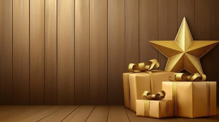 Elegant gold gifts and star on wooden background: festive holiday display