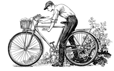 Obraz premium Vintage style fixed-gear bike in vintage 1970 s style. Retro road bike with cog wheel and chain. Flat modern illustration of a fixie bike on a white background.