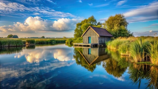 Nestled by the River Thurne, a charming boathouse offers breathtaking views amid lush nature, making it an idyllic retreat for relaxation and enjoyment of the outdoors.