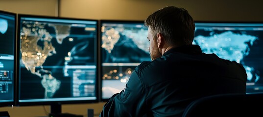 A supply chain manager monitoring logistics on multiple screens, with space for text