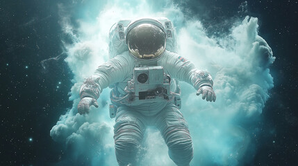 Fototapeta premium Astronaut in Space Cloud: A solitary astronaut floats through a swirling cloud of cosmic dust, bathed in ethereal blue light.