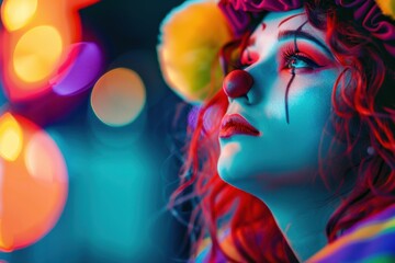 Fototapeta premium Beautiful young woman as clown colorful portrait