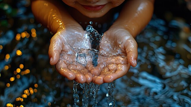 A child's hands under a running water tap, depicting the daily struggles of water scarcity faced by impoverished communities