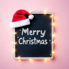 "Merry Christmas" letters on a chalkboard with a Santa hat and snowflakes mockup, Christmas lights and decorations in the background