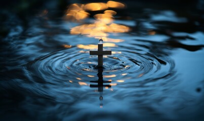 A macro shot of a single water drop falling from a small wooden cross.