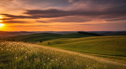 Obraz premium Sunset over rolling green hills with dandelions in the foreground