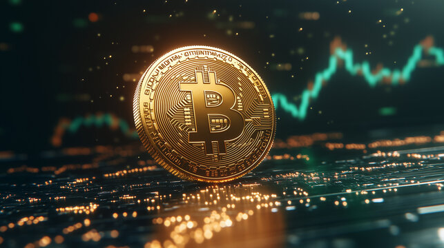 Ascending bitcoin prices with green arrow and chart