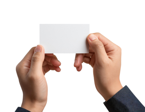 Mock up de manos sujetando una tarjeta de visita en blanco, hombre con traje, PNG