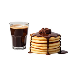 chocolate chip with melted chocolate with pancake with glass of coffee on transparent background