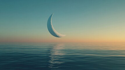 A crescent moon hangs above a tranquil ocean at sunset.