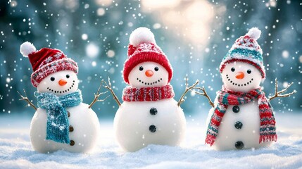 Obraz premium Adorable Snowmen Standing in a Winter Christmas Landscape, Dressed in Festive Hats and Scarves with Snow Falling