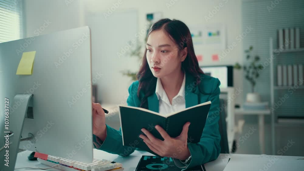 Poster young businesswoman is sitting at her desk, taking notes in her notebook while analyzing data on her