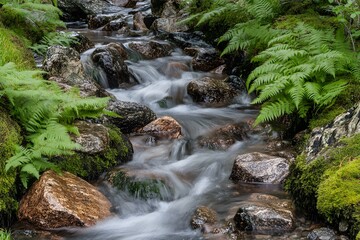 Fototapeta premium A serene stream flowing through lush greenery and rocks, creating a tranquil natural scene.