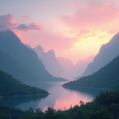 Crystal-clear lake nestled amidst snow-capped Alps, reflecting a vibrant sunset sky