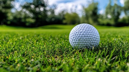 Obraz premium White golf ball on green grass field under blue sky.