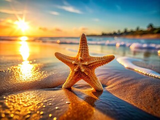 Fototapeta na wymiar Serene Orange Starfish on Soft Sand: A Tranquil Beach Scene Capturing Nature’s Beauty and Serenity of Marine Life in a High Depth of Field Composition