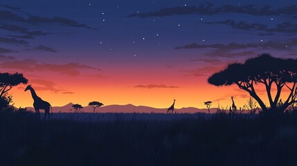 Fototapeta premium Silhouettes of giraffes standing in a savanna landscape with a colorful sunset and starry sky.