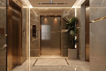 Interior of a modern elevator with glass and marble walls