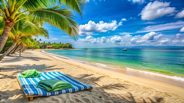 Serene Tanjung Benoa Beach in Bali on 21 March 2023: Crystal Clear Waters, Soft Sand, and Lush Greenery Under a Bright Blue Sky with Gentle Waves Lapping the Shoreline