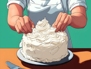 A close-up of a baker’s hands icing a cake, delicate patterns coming to life in the illustration.


