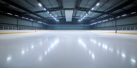 empty ice rink, arena with smooth, white ice, illuminated by bright lights overhead. 