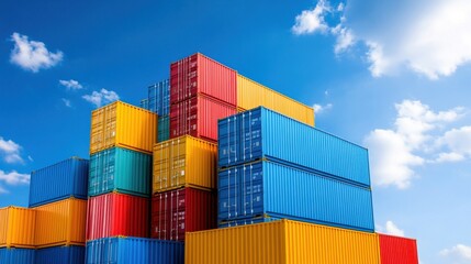 Fototapeta premium Colorful Shipping Containers Stacked Against Blue Sky