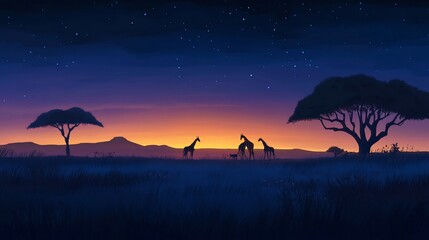 Fototapeta premium Three giraffes stand in a savanna at dusk, silhouetted against an orange and purple sky, with acacia trees framing the scene.