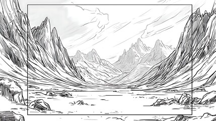 Obraz premium Detailed Black and White Illustration of a Majestic Mountain Range with a Serene Valley, Capturing Nature's Grandeur and Untouched Wilderness in a Stylized Art Form