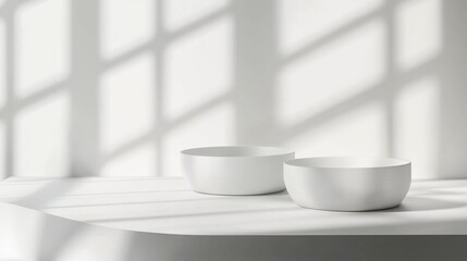 Minimalist white ceramic bowls on marble surface with soft window light casting geometric shadows, creating a serene and elegant composition.