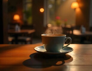 Obraz premium A delicate tea cup on a wooden table in a modern diner , with bright overhead lights and a scenic view
