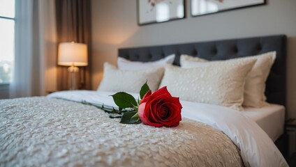 Bedroom interior with a white pillow and a red rose flower on the bed