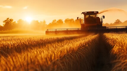 Fototapeta premium Combine harvester working in golden wheat field at sunset with dust particles illuminated by dramatic sunlight