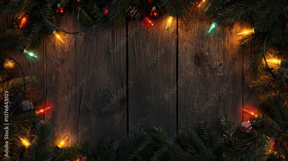 Wall mural Festive christmas lights and evergreen garland on rustic wooden background