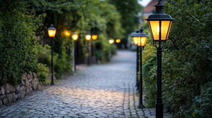 A serene cobblestone path illuminated by vintage lanterns, surrounded by lush greenery.