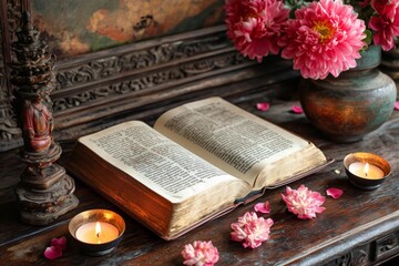 An open book containing Buddhist scriptures sits on a wooden table, surrounded by candles and flowers