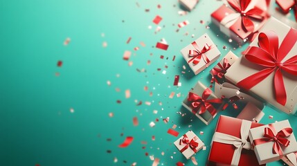 Obraz premium Festive gift boxes with vibrant red ribbons scattered on turquoise background, surrounded by confetti. Holiday celebration concept with elegant presents.