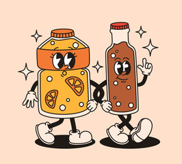 Groovy characters friends drinks soda. Flat vector illustration.