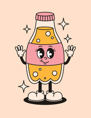 Groovy retro character lemonade in a bottle. Flat vector illustration.