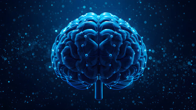 Human brain. Concept for medical, brain cancer, neural network. Abstract modern 3d illustration on blue background.