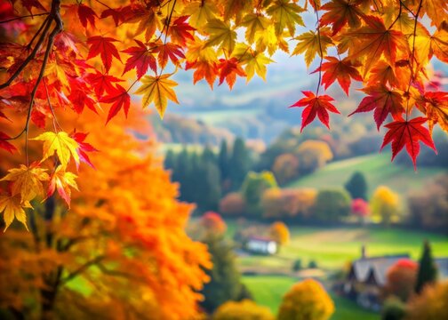 Stunning Autumnal Scene of Red, Orange, and Yellow Acer Leaves in Blockley, The Cotswolds, Featuring Vibrant Colors and Ideal Background for Seasonal Themes and Nature Photography