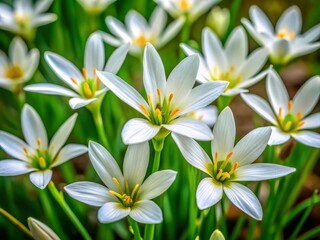 Obraz premium Stunning Close-Up of Zephyranthes candida, the Rain Lily, Showcasing Small Snow-White Blooms on Long Flower Heads with Vibrant Green Foliage in a Lush Garden Setting