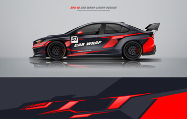 Naklejka premium Racing Car branding with racing wrap decal or livery design. Abstract racing graphic simple black and red concept with background. Editable vector templates