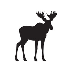Fototapeta premium Vector black silhouette moose with horns, deer silhouette vector illustration, silhouette moose animal full body black color only