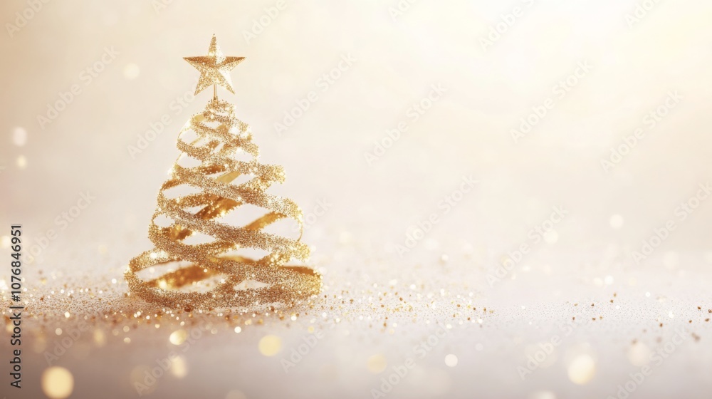 Poster a sparkling golden christmas tree stands elegantly on a soft surface, surrounded by glimmering light